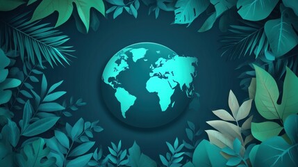Teal globe surrounded by lush tropical leaves.