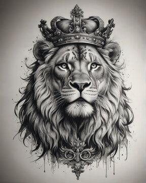 Majestic lion portrait with ornate crown in detailed black and white illustration