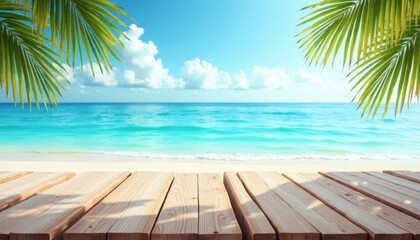 Fototapeta premium A serene beach scene showcases crystal turquoise waters and a wooden deck under palm fronds.