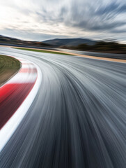 Racing Track Curve in Motion: A dynamic perspective captures the sleek asphalt curve of a race track, lines blur with motion, emphasizing the speed, competition, and the thrill of racing.