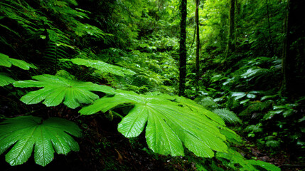 Fototapeta premium Lush green jungle with oversized leaves and ferns creating serene natural atmosphere