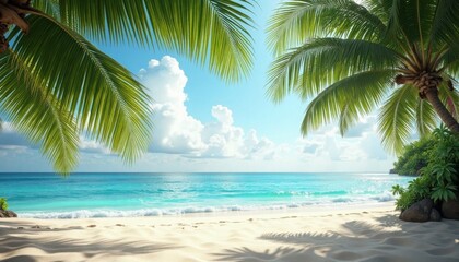 Obraz premium Idyllic tropical beach scene with turquoise water, white sand, and lush palm trees under a blue sky.