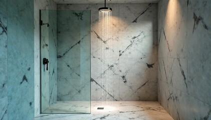 Geometric tiles, rainfall showerhead, glass enclosure , bathroom, elegant