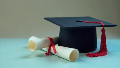 Happy graduation day! A diploma rests on a graduation cap, signifying academic achievement , black, tassel
