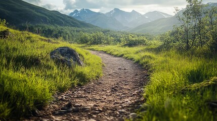 Scenic Mountain Path Winding Through Lush Green Grassland Peaceful Nature Trail Hiking Adventure Summer Landscape       
