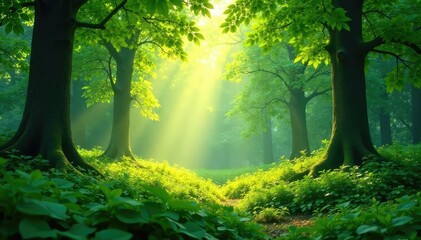 Lush green forest, sunlight dappling through leaves , trees, background, texture