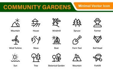Modern Urban Farming Icons for Community Gardens – Clean Outline, Line Art, Vector Illustrations for Sustainable Farming, Urban Green Projects, and Apps