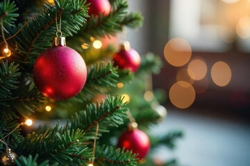 Obraz premium Ornament-decorated Christmas tree with a celebratory banner Perfect for holiday greetings and congratulations , congratulation, green