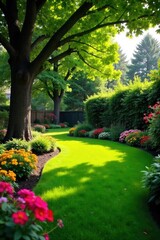 Obraz premium Serene backyard oasis featuring lush green lawn, vibrant flowerbeds, and mature trees providing ample shade Perfect for relaxation and outdoor enjoyment , nature, outdoor, outdoor space