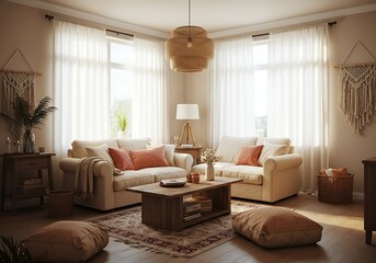 Bohemian Living Room: Sunlit Space with Neutral Sofa and Woven Accents