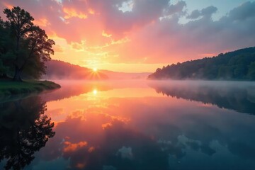 Serene sunrise over a tranquil lake, mist rising gently, perfect for mindful reflection and natural meditation Find inner peace amidst the beauty of untouched nature , clouds, environment