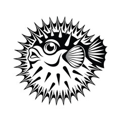 Minimalist black and white spiky Pufferfish illustration, stylized, rounded body art