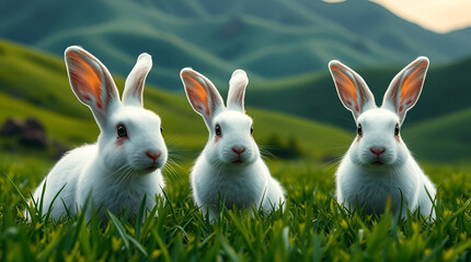 Obraz premium Three White Bunnies in Lush Green Field with Distant Mountains, Generative AI