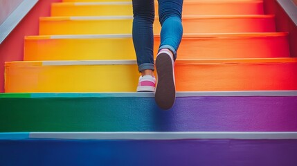 Colorful Rainbow Stairs Person Walking Upward Progress Success Journey art feet legs steps happy shoes denim jeans image