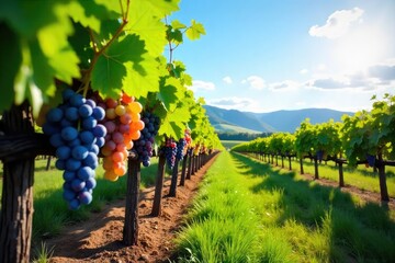 Naklejka premium Sun-drenched rows of ripening grapes hang heavy on the vine, ready for harvest Lush green foliage frames the picturesque vineyard landscape under a clear blue sky , green grapes, agricultural land