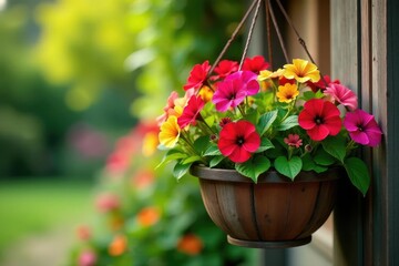 Obraz premium Vibrant petunias overflowing from a rustic hanging basket , gardening, home decor, wicker