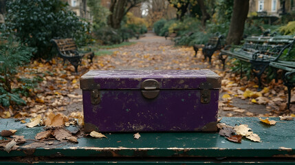 Vintage purple chest on a bench in a autumnal park setting with fallen leaves