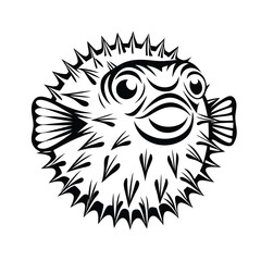 Monochrome Pufferfish Illustration, Spiky GlobeShaped Fish, Style, Black and White
