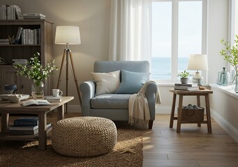 Coastal Living Room: Serene Seaside Chair and Rustic Decor