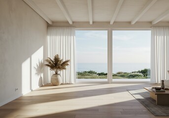 Coastal Minimalist Living Room: Sunlit Serenity and Ocean Views