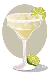 Classic Margarita with Salt Rim, Ice and Lime Isolated Illustration