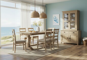 Coastal Farmhouse Dining Room: Light Wood Table, Chairs, and Buffet
