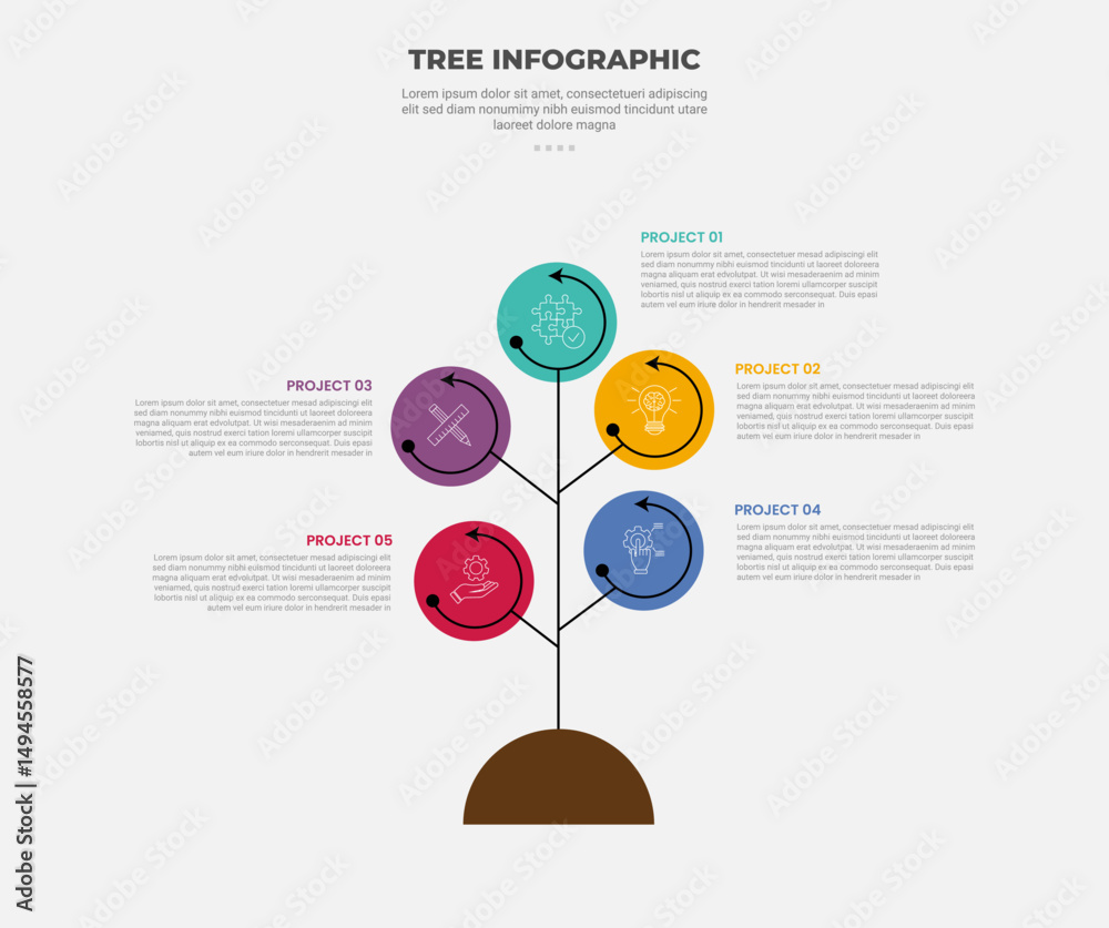 Aufkleber tree shape visualization infographic outline style with 5 point template with circle box icon and ar