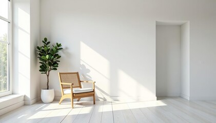 Simple white room, sparse furniture, natural light, room, interior