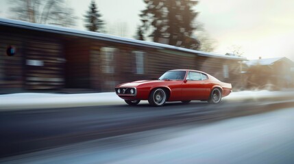 Vintage red sports car driving fast on a snowy road beside wooden houses.