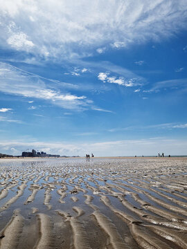 Wide sandy beach with rippled water under a clear blue sky