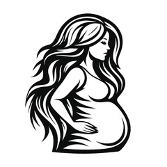 Monochrome Silhouette Side View of Serene Woman with Flowing Hair and Hands on Belly