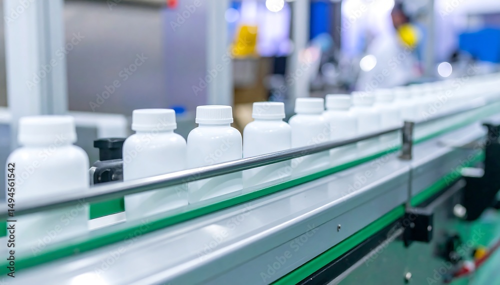 Poster pills bottles on automated production line.