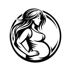 Silhouette Pregnant Woman with Long Hair Holding Belly in Circle Logo Design
