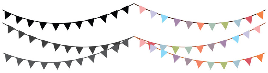 Carnival coloured garlands and bunting. Festive triangle flags on rope for decoration of party, holiday, event, festive, celebration. Colourfu pennants for banner, flyer template Vector design element