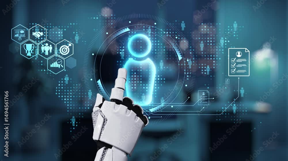Poster a futuristic robot hand interacts with a digital user interface in a modern office, showcasing techn