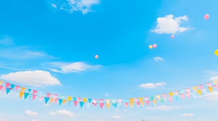 Colorful bunting with balloons, and blue sky.