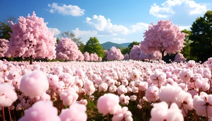 Pink cotton field under a blue sky.