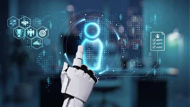 A futuristic robot hand interacts with a digital user interface in a modern office, showcasing technology elements and data visualizations for innovative solutions. Auvana