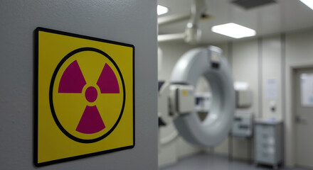 Radiation warning sign on wall in medical imaging facility. Yellow and magenta hazard symbol near CT scanner equipment. Hospital radiology department safety protocol and healthcare technology
