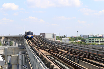 BTS Skytrain.Skytrain stops on train tracks.Mass transit system sky train