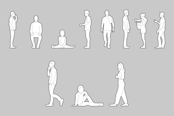 People line cad art. Vector illustration of men, women, and kid standing walking talking in front back and side view. Symbol for architecture and landscape design drawing.