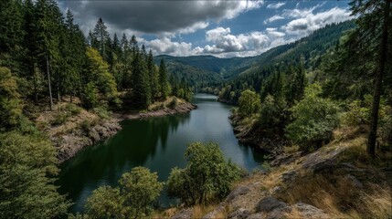 Scenic view of lake in pine forest with water and mountain concept. A serene river flows through a lush forested valley under clouds.