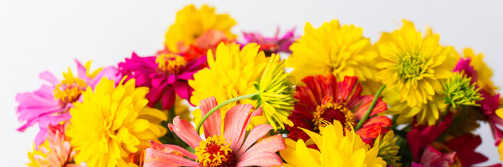 Fototapeta premium This vibrant bouquet of colorful Zinnia and Rudbeckia Goldquelle flowers brings a cheerful touch to home decor, ideal for a bright and seasonal summer arrangement, banner