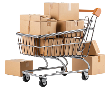   “Delivery-Ready Cart Filled with Cardboard Boxes, Isolated on Transparent Background”.
