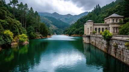 Scenic view of lake in pine forest near beautiful mountain concept. Scenic view of a serene lake with lush greenery and mountains.