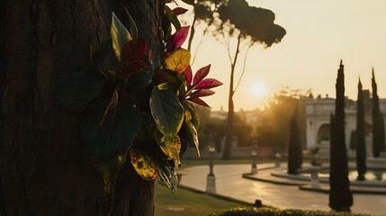 Sunset Garden with Tree, Flowers, and Italy.
