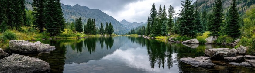 Scenic view of lake in pine forest with tree and rock concept. Serene lake surrounded by mountains and lush green forest.