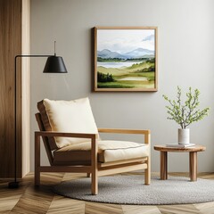 A cozy reading nook showcases a light wood armchair, floor lamp, small table with plant, and a framed landscape watercolor painting on the neutral wall decor.