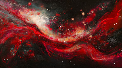 An image of a red galaxy with glowing nebulae and dark space in the background