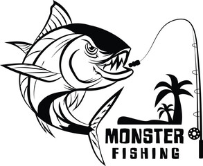 Monster Tuna Fish logo icon vector illustration design with fish rod and hook in a island 